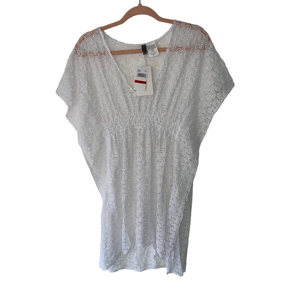 Becca Womens Tunic Swim Cover Up Size Extra Small White Lace Dolman Sleeve